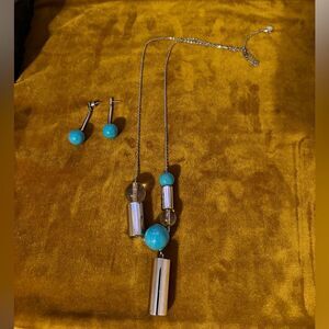 MICHAEL KORS SILVER TONE BAR+TURQUOISE BALL DANGLE EARRINGS & Matching Necklace